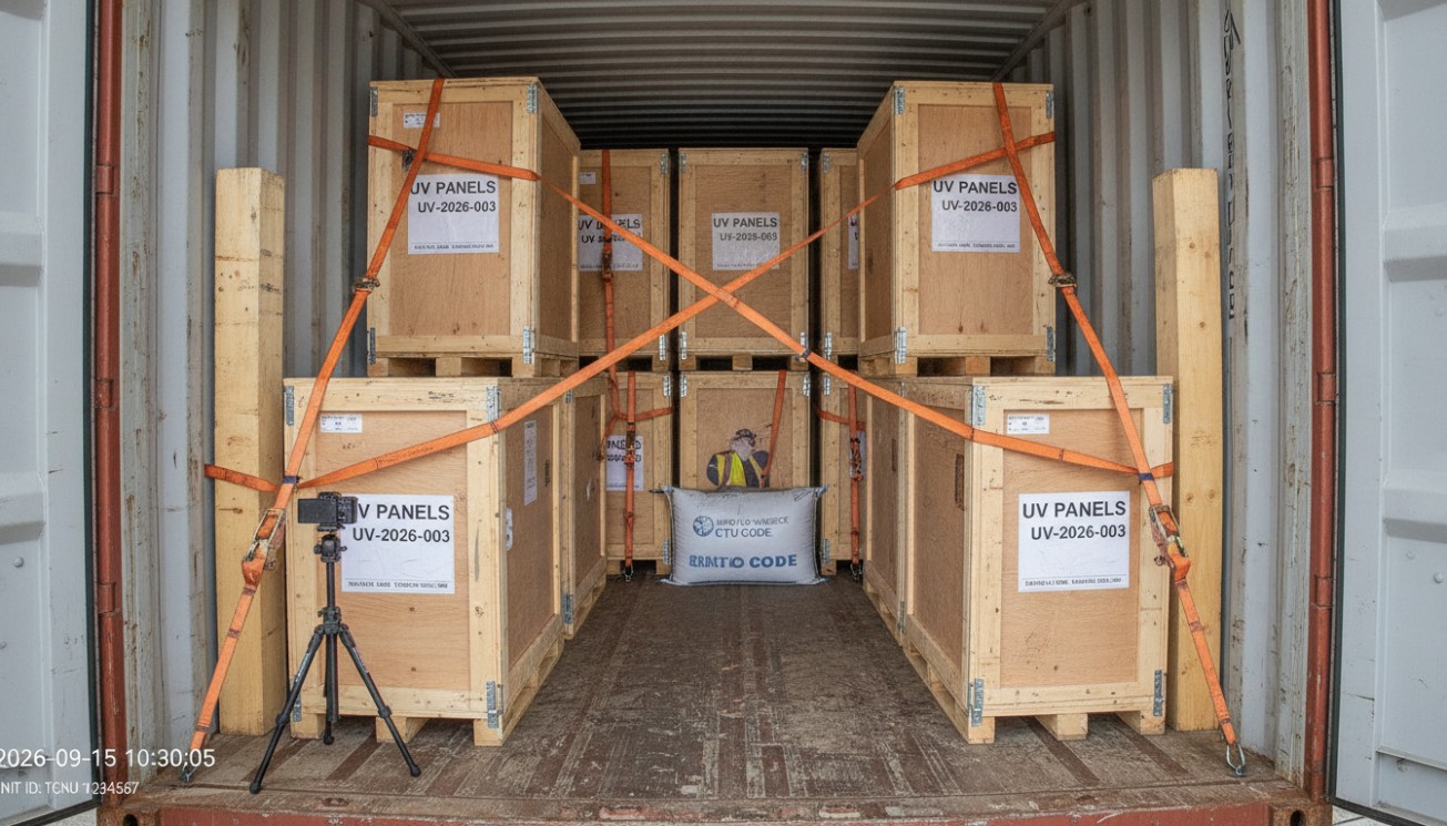 UV panel container loading with secured wooden crates and restraints prepared for international ocean transportation.